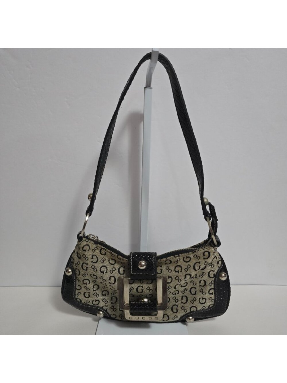 VTG Y2k Guess Black Monogram Logo Jacquard Shoulder Bag Buckle Studded Purse